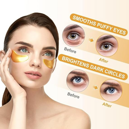 Eyes before and after using 24k gold eye mask, showing smoother and brighter skin.