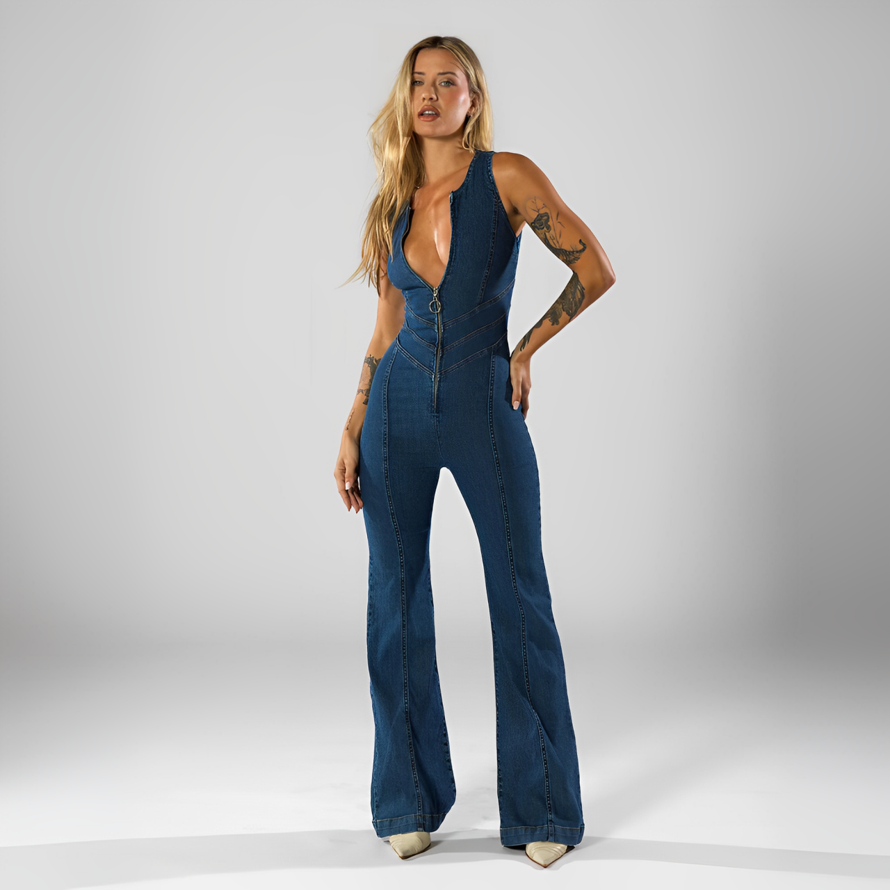 Open back denim jumpsuit sales